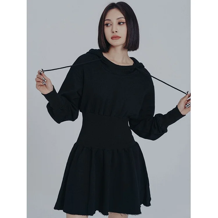 Street Solid Color Hooded Elasitc Waist Long Sleeve Mini Dress