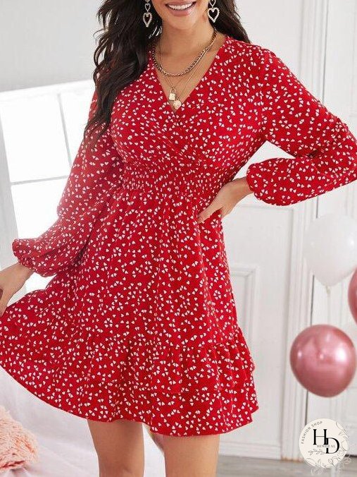 Confetti Heart Print Shirred Waist Dress for Women