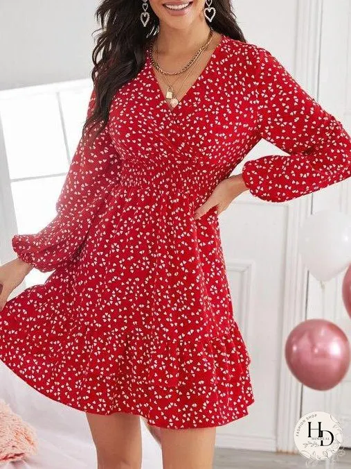 Confetti Heart Print Shirred Waist Dress for Women
