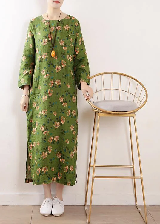 Bohemian green o neck linen outfit floral cotton summer Dress
