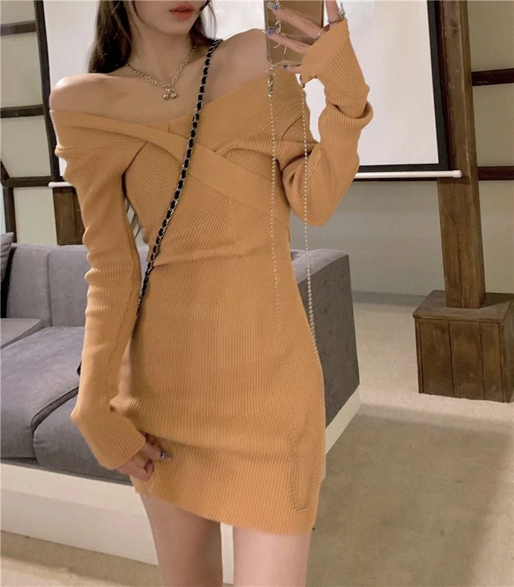 Long-Sleeve Off-Shoulder Knit Mini Bodycon Dress YP2501