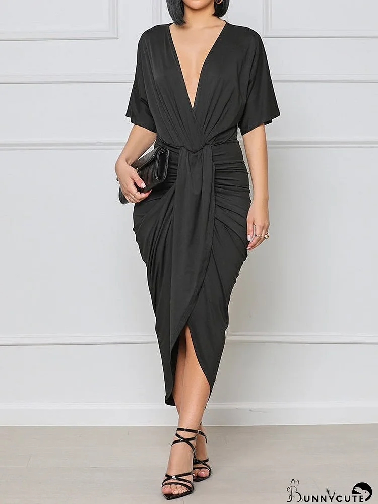 Dresses Solid V-Neck Smocked Slit Dress for Women