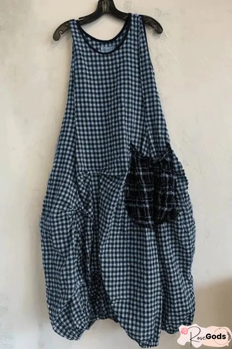 Plaid Print Color-Block Paneled Pockets Vintage Midi Dress
