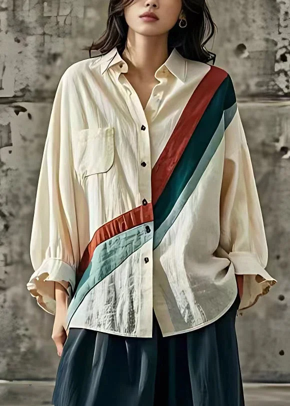Pre sale - shipping in 30 days/Women Apricot Peter Pan Collar Striped Patchwork Top Long Sleeve
