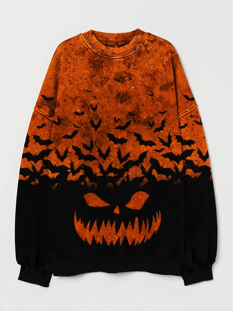 Halloween Pumpkin Face Bats Contrast Color Washed Sweatshirt