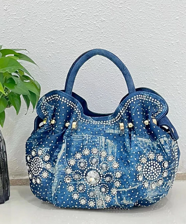 Fine Blue Zircon Solid Durable Denim Tote Handbag