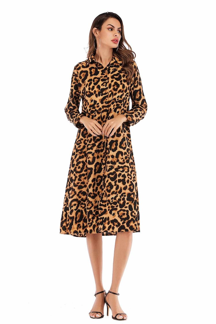 Leopard Print Single Breasted Lace-up Dress - Chicaggo