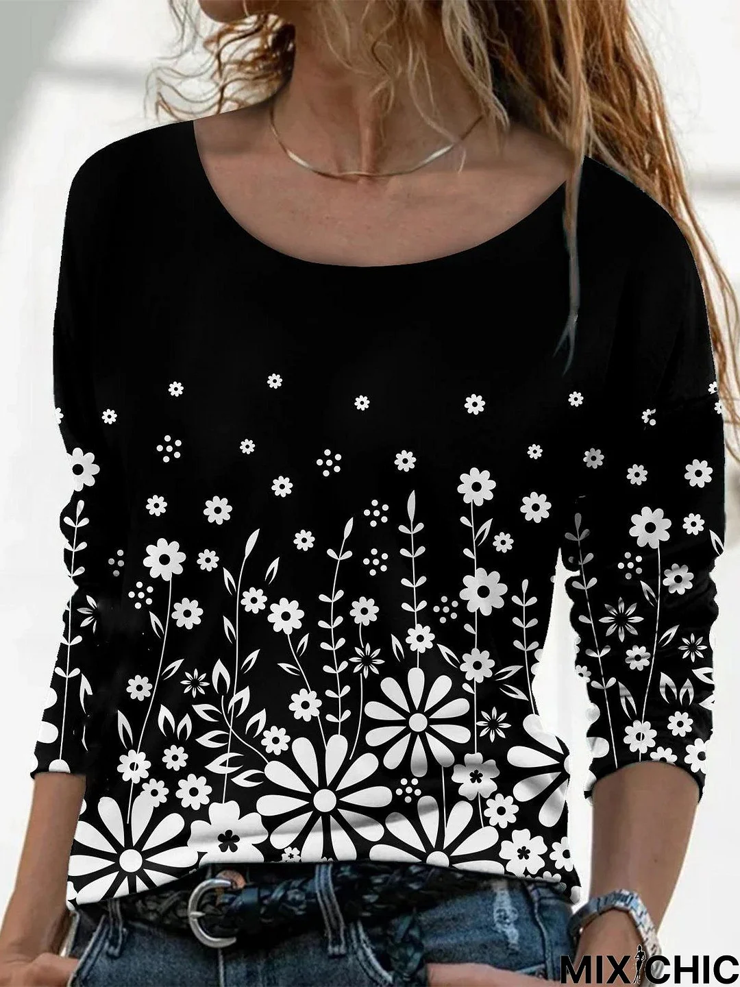 Black Floral Printed Round Neck Casual Long Sleeve Shift Tops