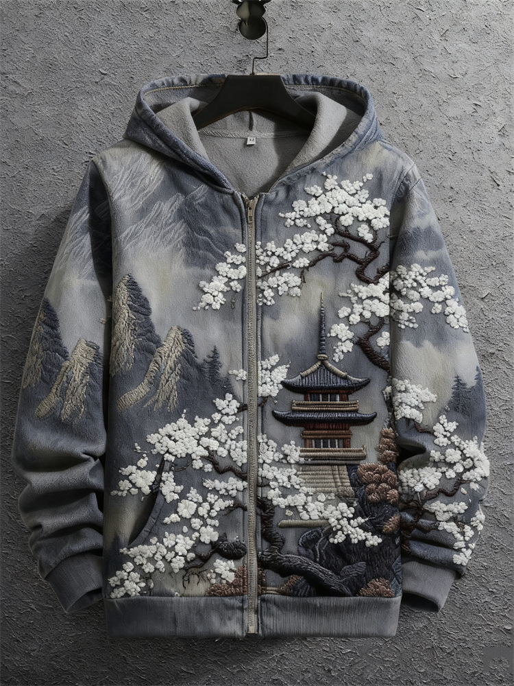 Japanese Almond Blossom Landscape Embroidered Full Zip Hoodie  artssus