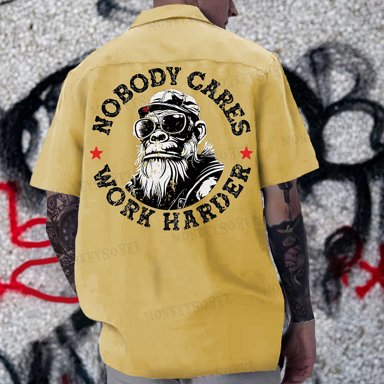 “Nobody Cares Work Harder” Reversible Printed Button Up Shirt