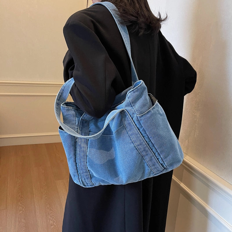 Women’s Denim Solid Color Classic Style Square Zipper Tote Bag