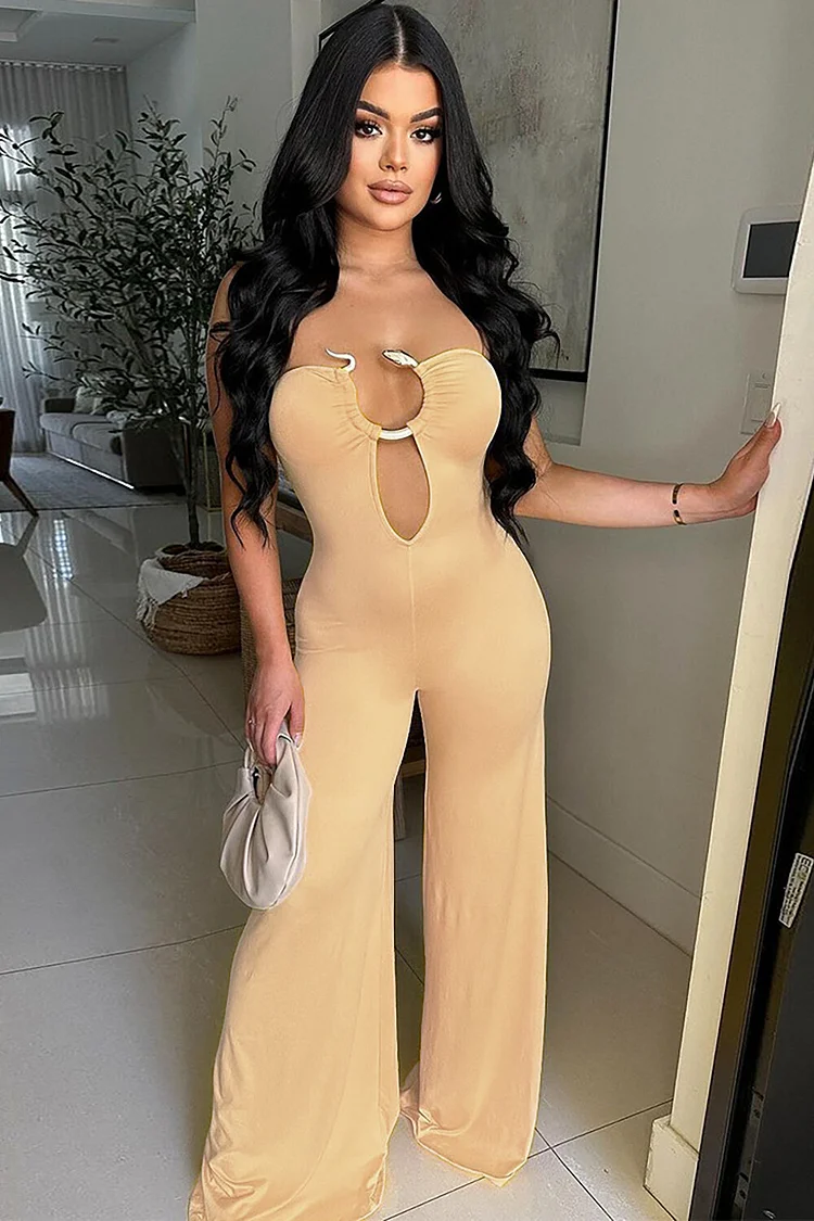 Irregular Neckline Metal Decor Strapless Cutout Wide Leg Plain Jumpsuit-Beige