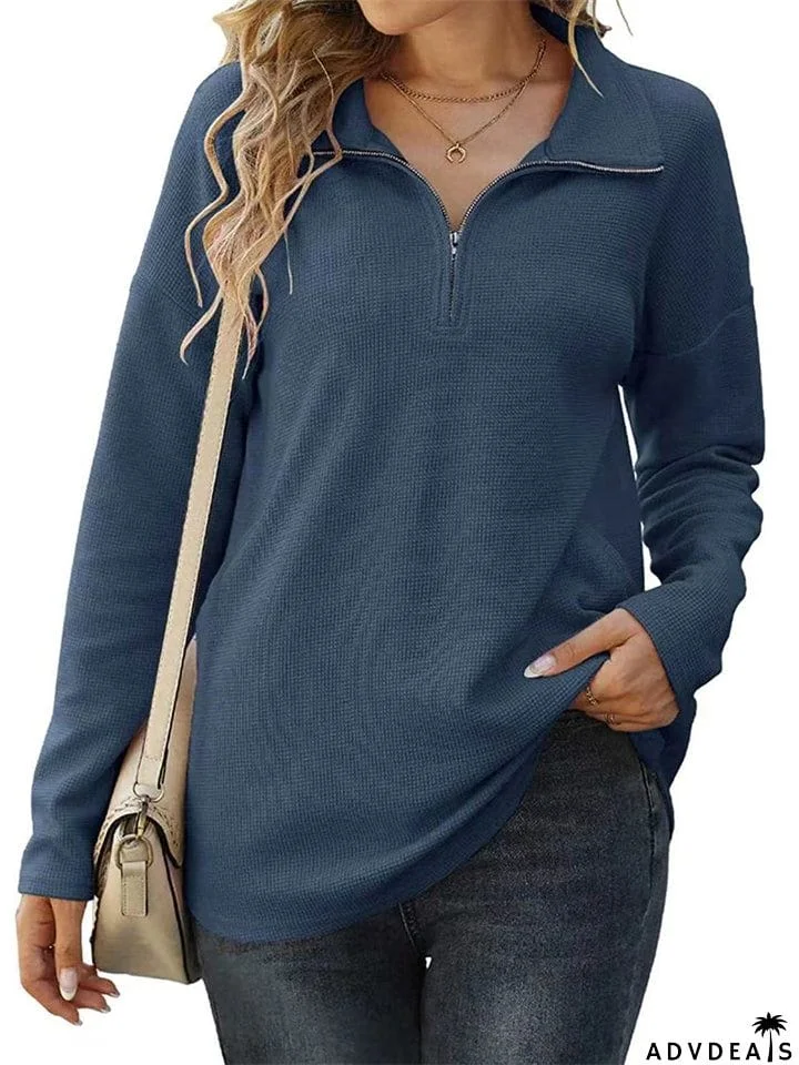 Winter Daily Zipper Long Sleeve Women Tops with Pockets