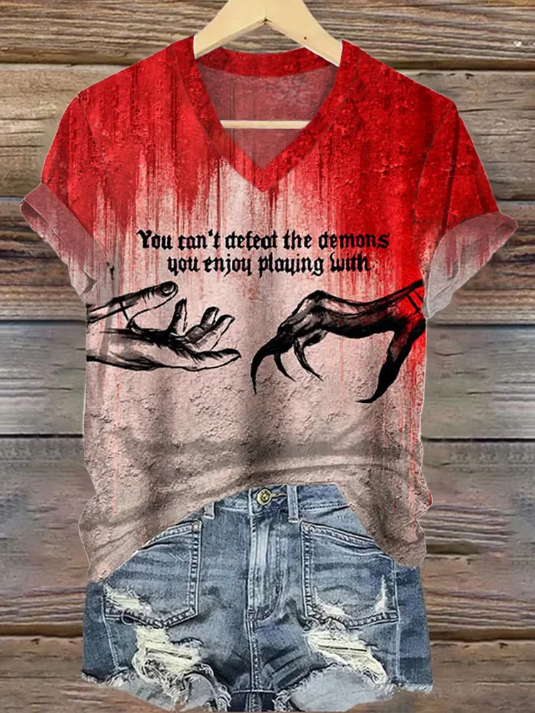 Utbros Women's You Can't Defeat The Demons You Enjoy Playing With Printed T-shirt