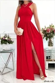 Elegant Sleeveless Halter Open Back Hem Slit Maxi Dress