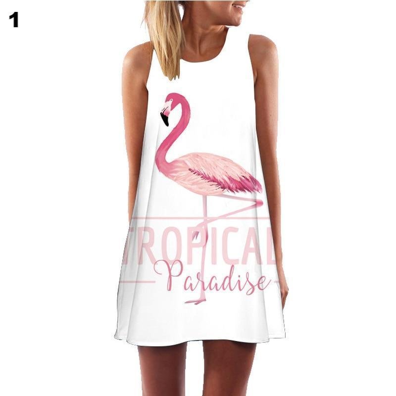 Flamingo Floral Print Beach Boho Dress