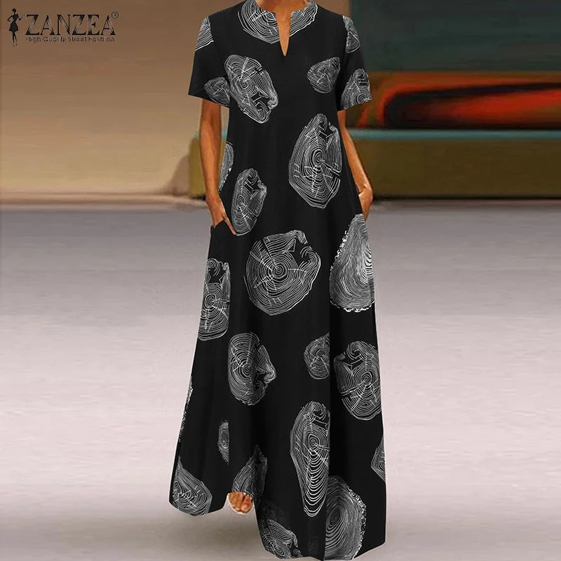 ZANZEA Summer Sundress Women Short Sleeve Vintage Floral Party Dress Casual V Neck Printed Loose Long Vestidos Robe Femme 2022