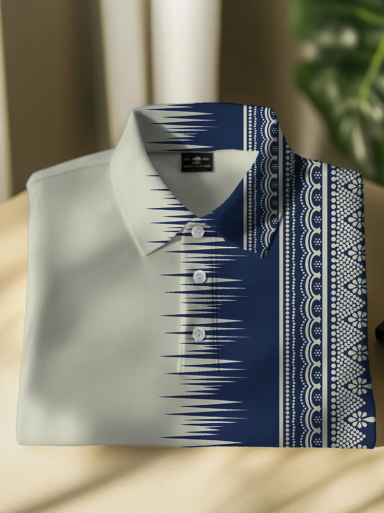 Men's Geometric Ethnic Pattern Color Block Print Short Sleeve Polo Shirt