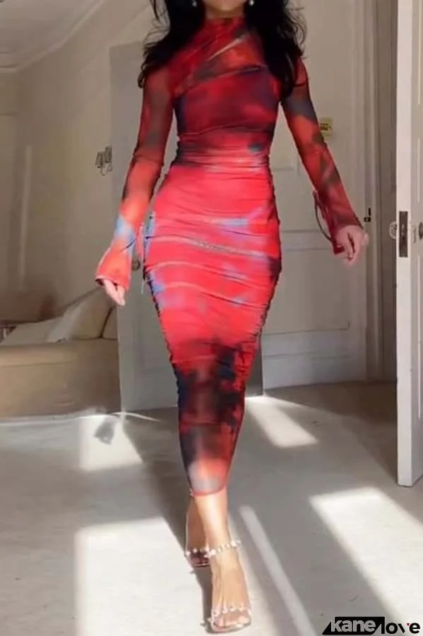 Won The Attention Mesh Tie Dye Ruched Midi Dress