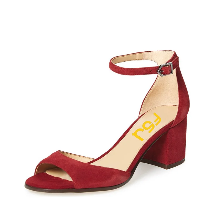Women's Red Soft Vegan Suede Block Heel Sandals |FSJ Shoes