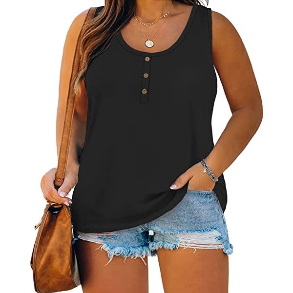 Plus Size Tank Tops for Women Summer Sleeveless Henley T-Shirts Tops Casual Button Down Tunics Shirts amazon LILYELF