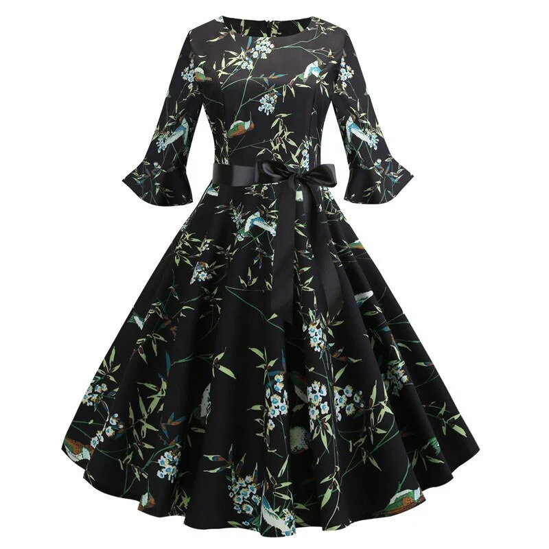 Floral Print Vintage Dress Christmas Dress Women Winter Elegant Party Dresses  Petal Sleeve Casual Midi Dress
