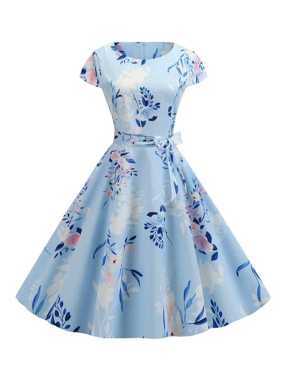1950s O Neck Sleeves Waist Print Slim Dress