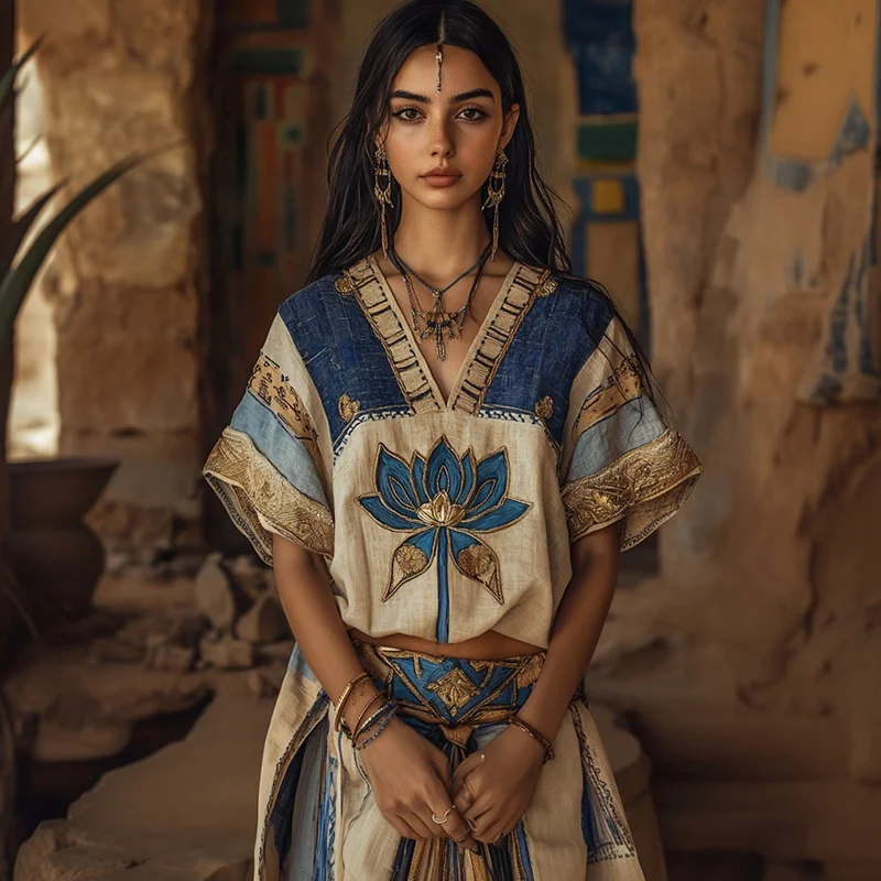 Vintage Egyptian Lotus Embroidery Three-quarter Sleeves T-shirt