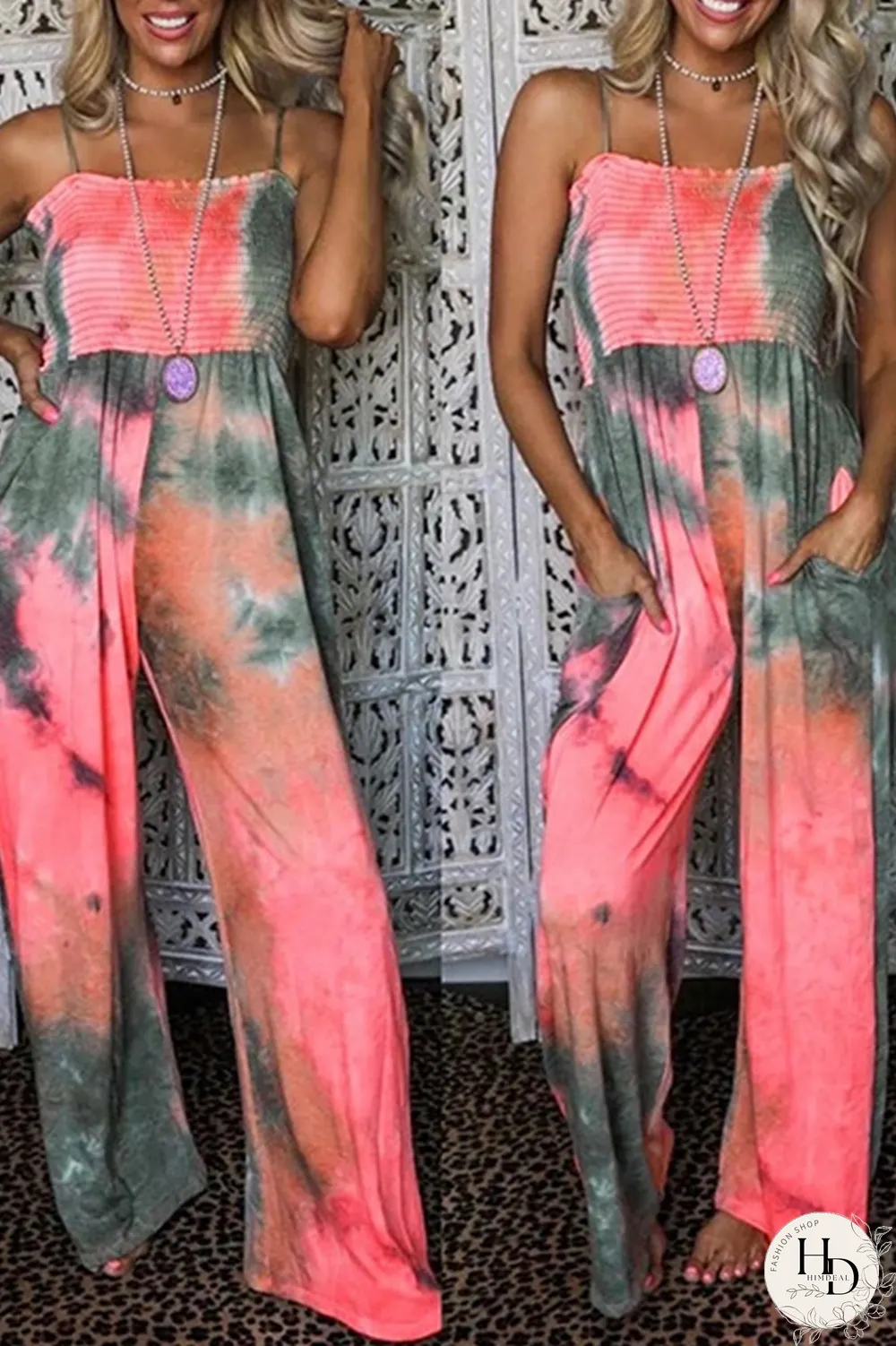 Sexy Patchwork Tie-Dye Spaghetti Strap Straight Jumpsuits