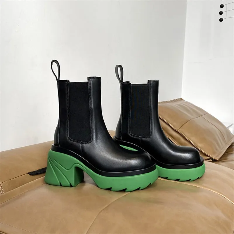 Meotina INS Genuine Leather Ankle Boots Shoes Women Platform Super High Thick Heel Boot Slip On Round Toe Lady Short Boots 42