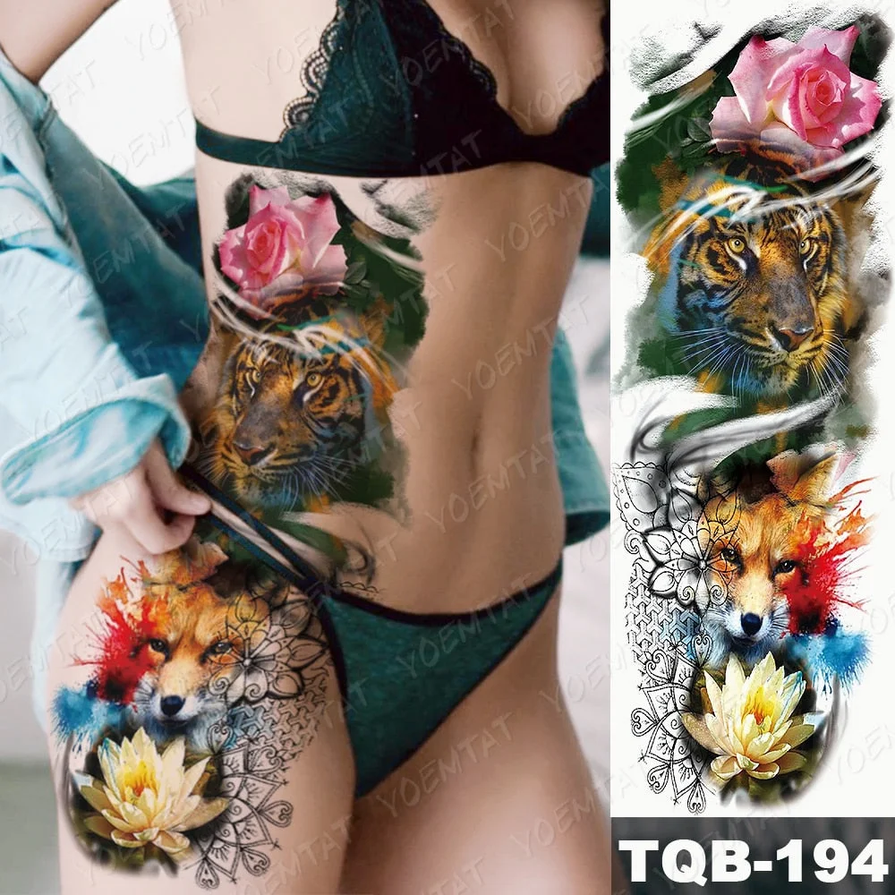 Men Full Arm Waterproof Temporary Tattoo Sticker Clock Rose Tiger Totem Transfer Body Art Fake Tatoo Cool sexy tato Woman
