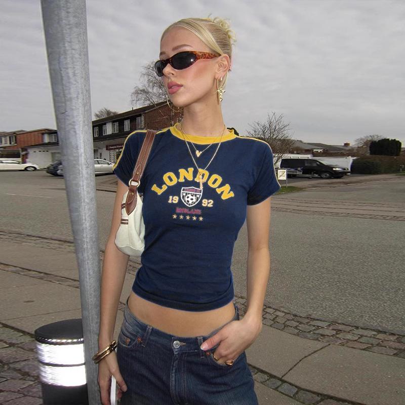 OLCooL American Retro Blue Football Suit Shoulder Short Short-sleeved T-shirt Women's Summer Spice Girls Y2K Millennium Shoulder Cropped Top olcool