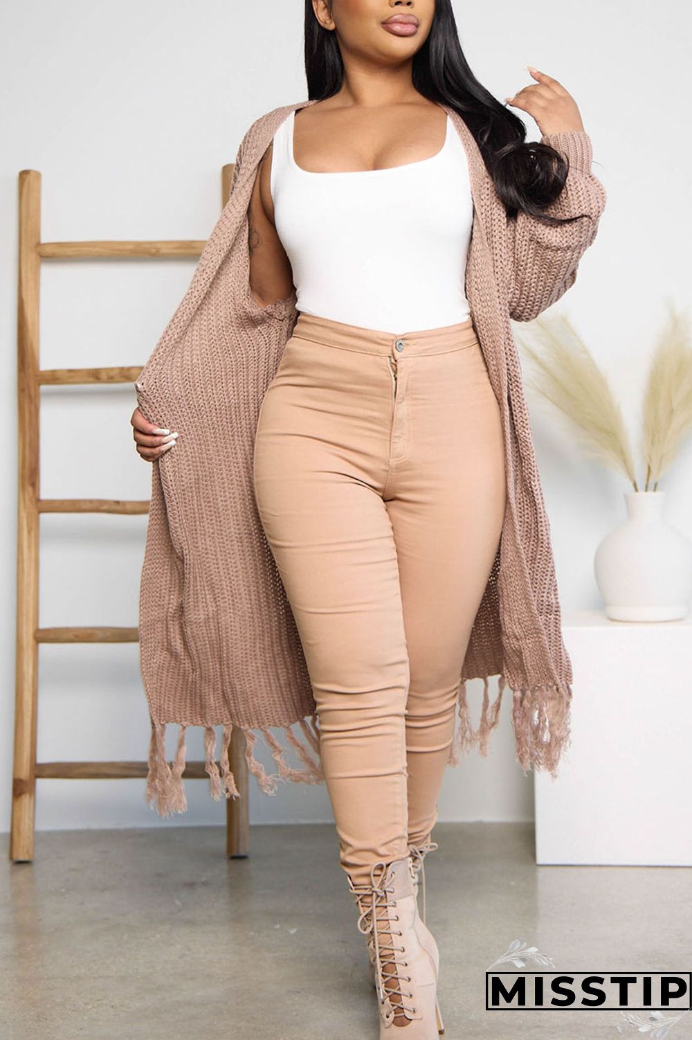 Light Brown Casual Solid Tassel Patchwork Cardigan Collar Outerwear