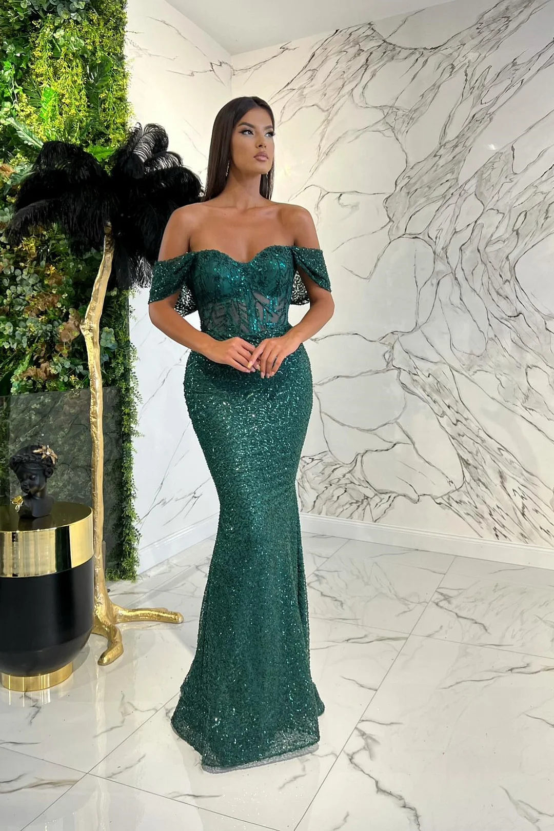Elegant Dark Green Sweetheart Applique Sequins Prom Dress Mermaid With Off-The-Shoulder | Ballbellas Ballbellas