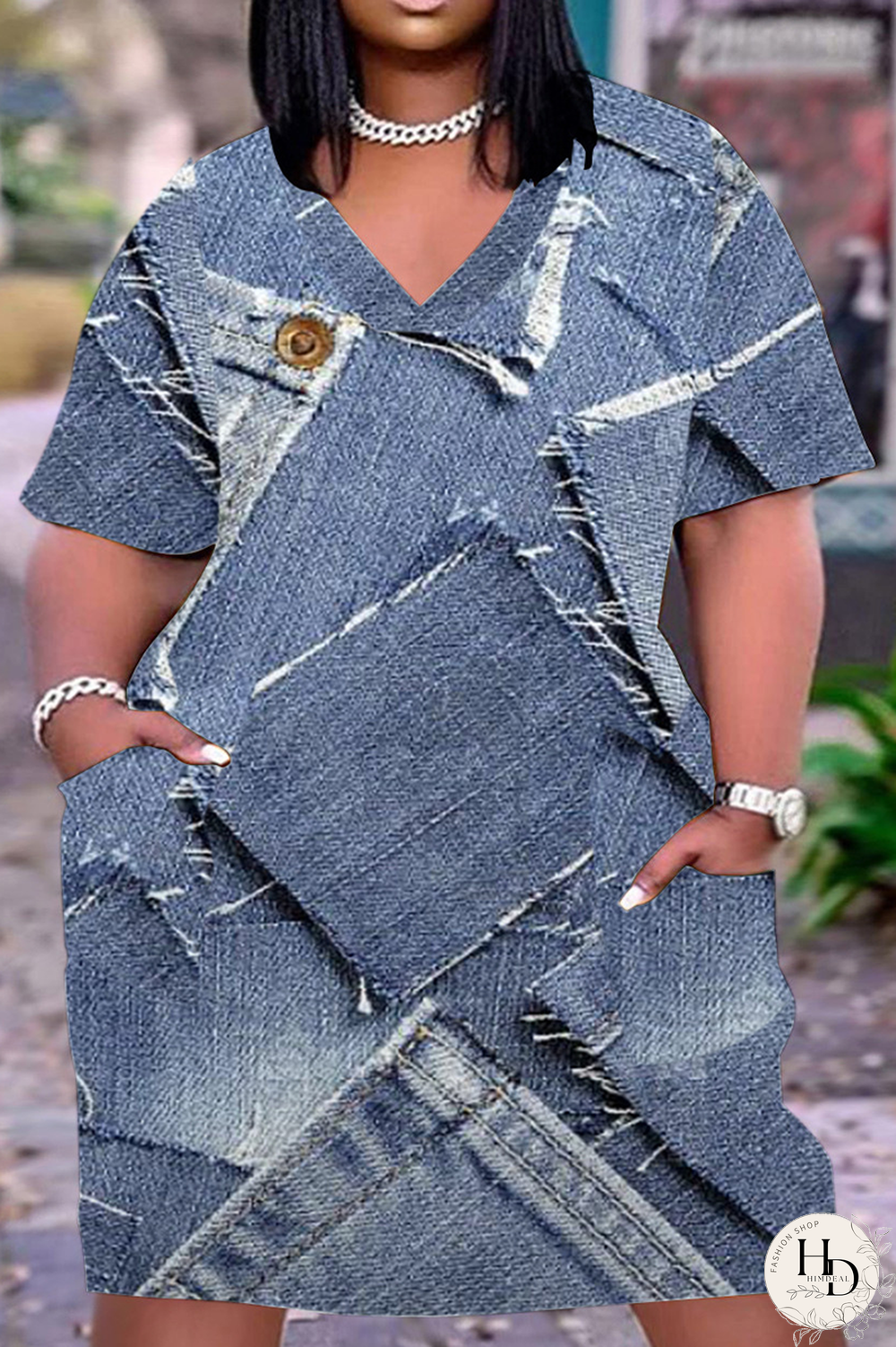 Light Blue Casual Street Vintage Print Make Old Pocket V Neck A Line Plus Size Dresses
