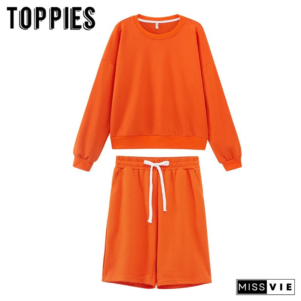Toppies Women Two Piece Set Tracksuits O-Neck Sweatshirts Elastic High Waist Bermuda Solid
