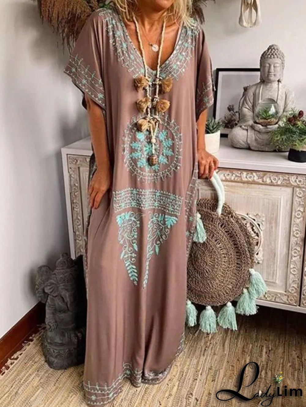 Bohemian V Neck Short Sleeve Maxi Dress