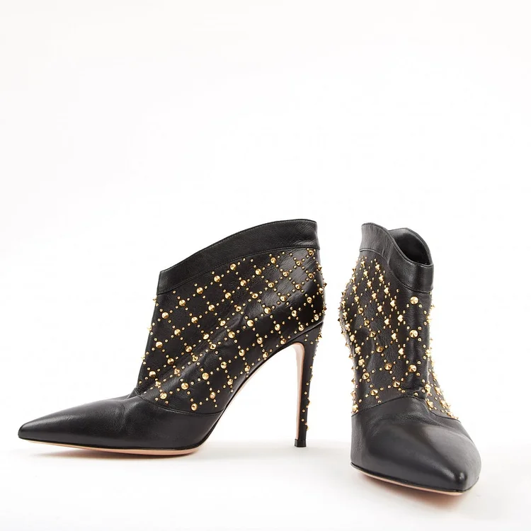 Black Gold Studs Stiletto Heel Ankle Boots |FSJ Shoes