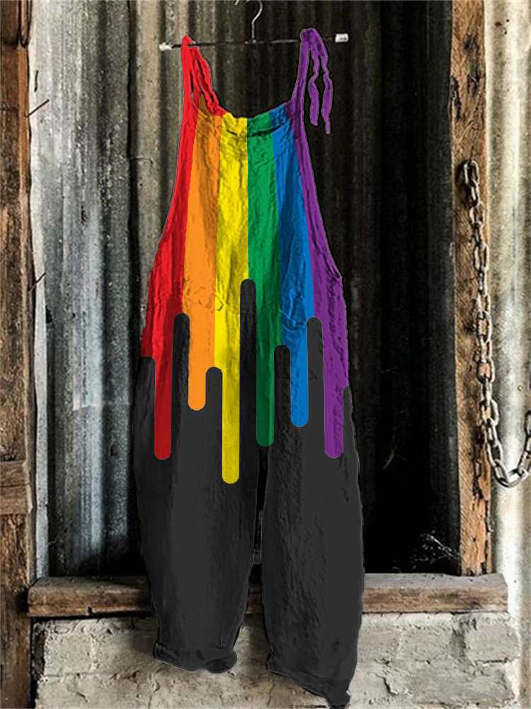 Comstylish Pride Month Rainbow Print Linen Blend Casual Jumpsuit