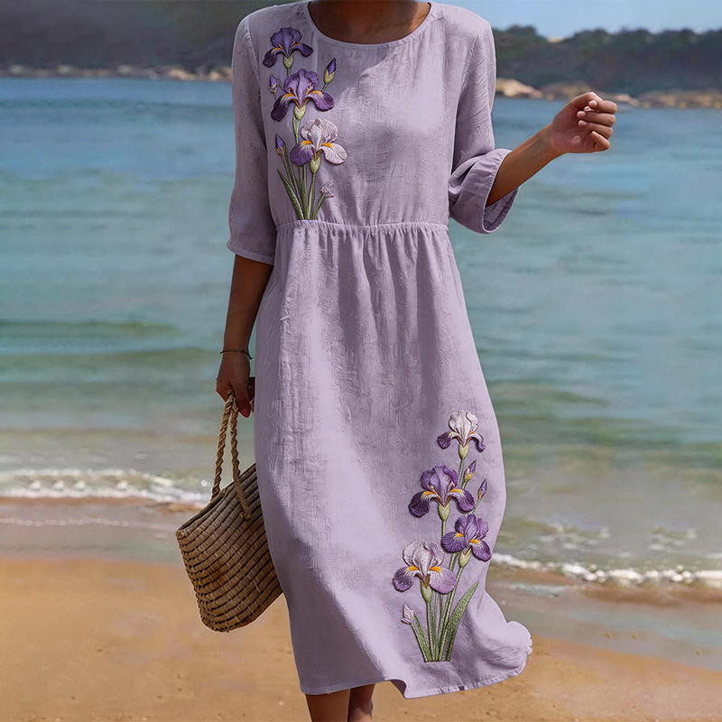 Comstylish Women's Vintage Floral Art Round-neck Linen Dress