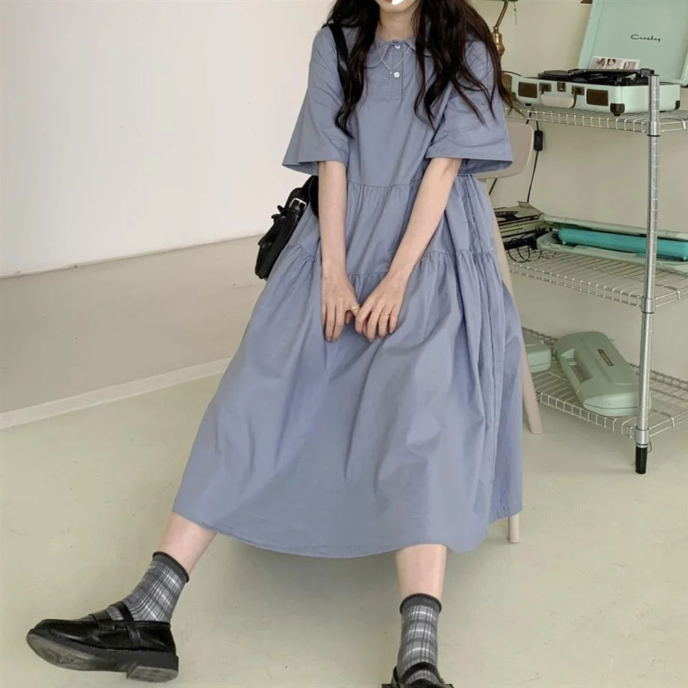 Short Sleeve Dresses Women Solid Peter Pan Collar Loose Pleated Preppy Style Japanese Students Harajuku Streetwear Chic Ulzzang