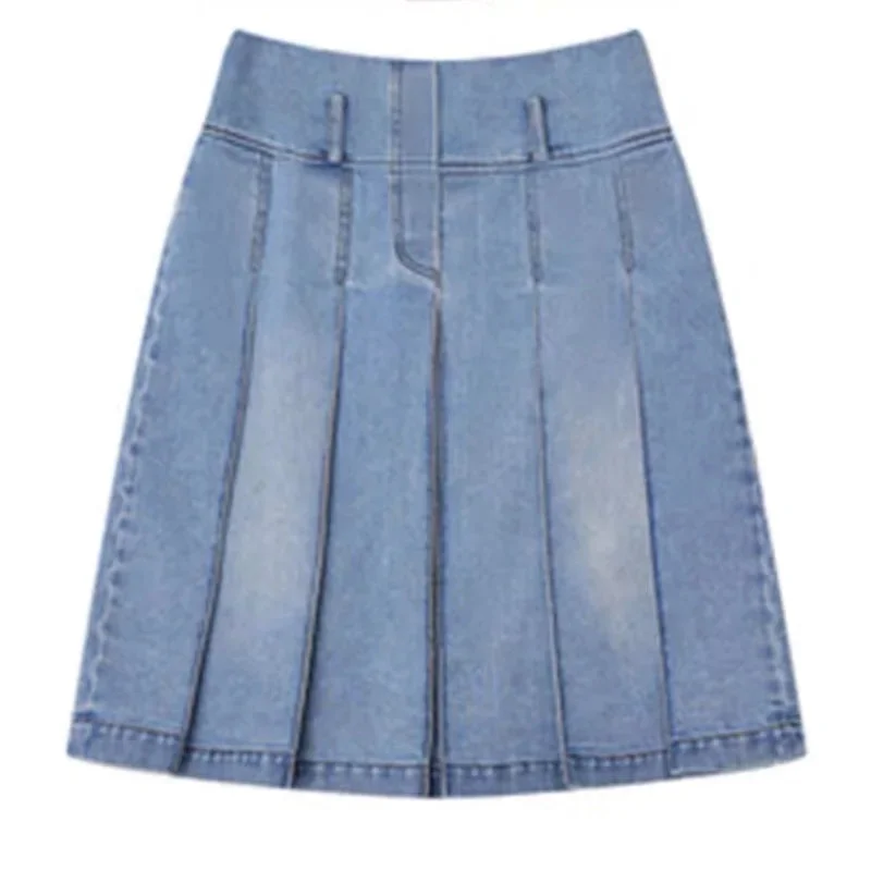 Huibahe Y2k Streetwear Denim Pleated Skirt Women Vintage Low Waist A-line Distressed Knee-lenght Jeans Skirt Japanese Fashion