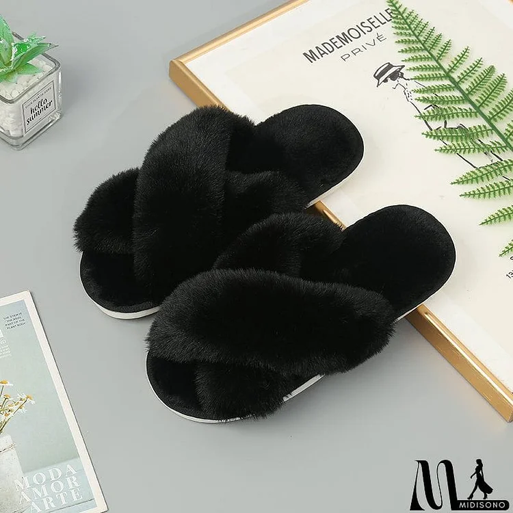 Faux Fur Crisscross Strap Slippers