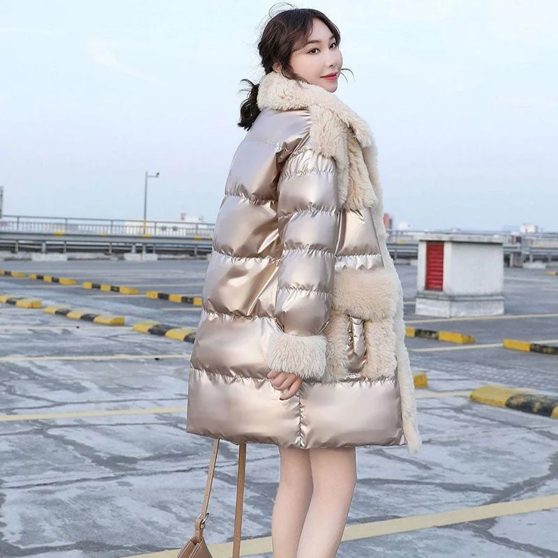 Winter Down Parka Wool Fur Jacket Women Bright face down cotton Outwear Female Elegant Patchwork Parkas Ladies Winter Coat women