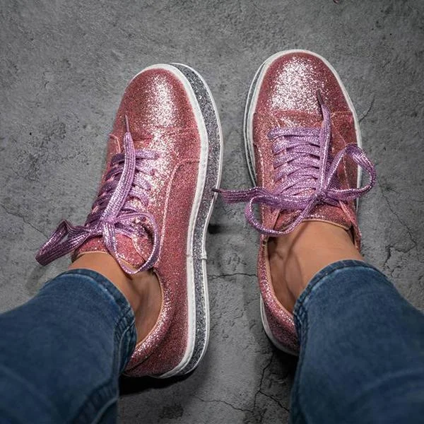 Women Fashion Bling-bling Rhinestone Sequins Lace Up Sneakers