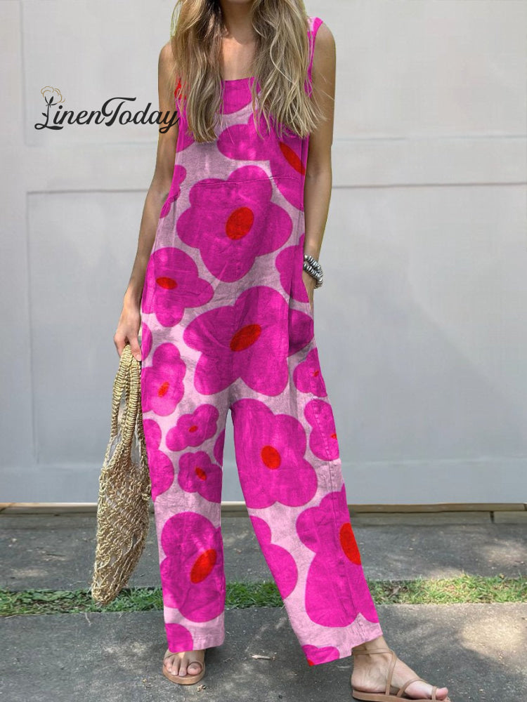 Vibrant Pink Floral Pattern Printed Women’s Casual 100% Cotton Wide Leg Jumpsuit / S