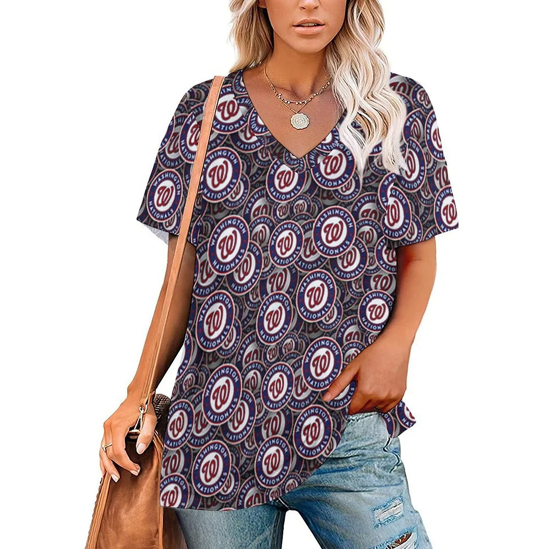 V-neck Short Sleeve Casual T-shirt for  Women Printed with Pattern , Blue, Red