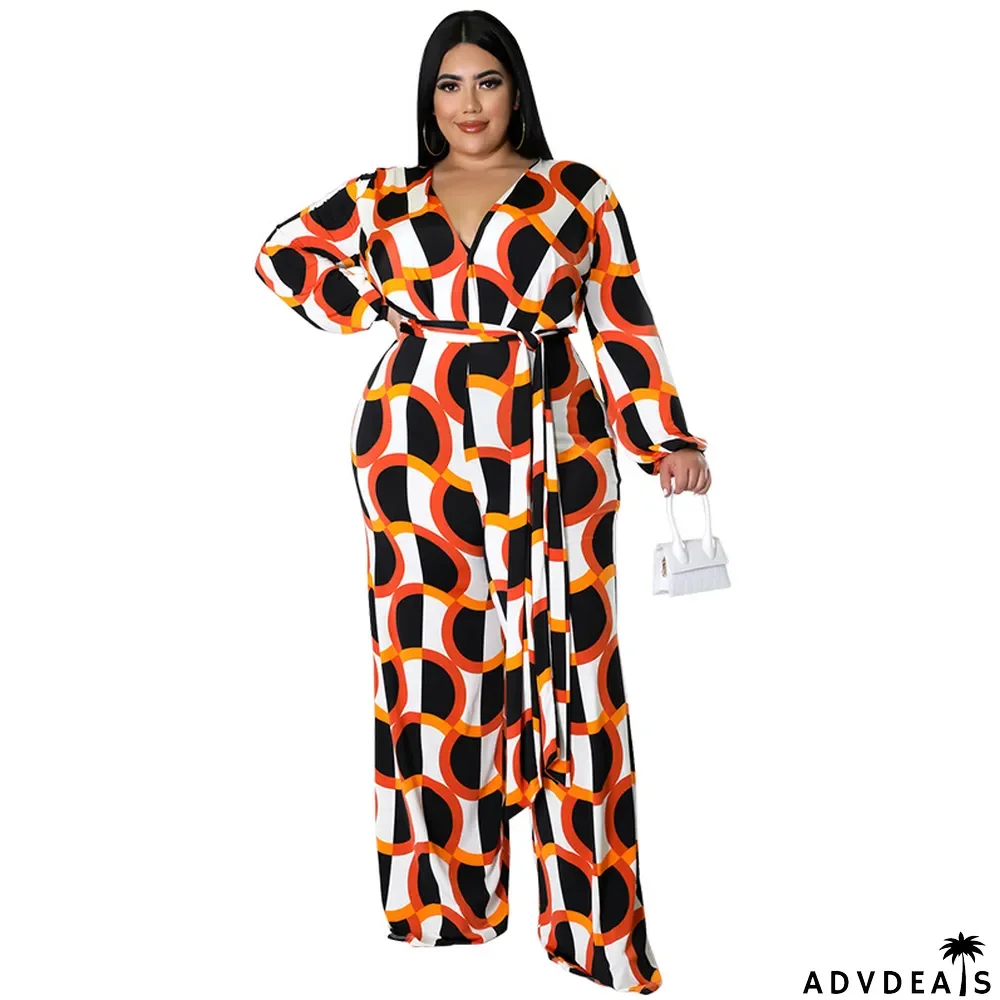 New Fashion Plus Size Women's Fall Long Sleeve Print Casual Wide Leg Jumpsuit