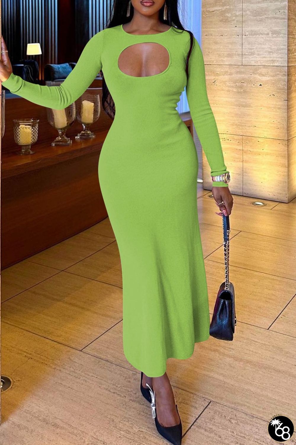 Light Green Casual Hollowed Out O Neck Long Sleeve Dresses | 168DEAL