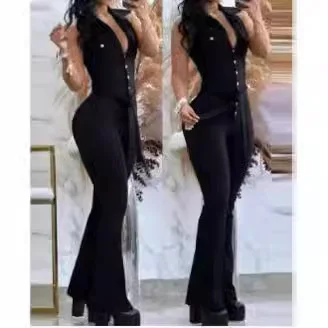 Wongn Wongn Women's Wear Elegant V-Neck Button Pocket High Waist Strap Solid Color Slim Jumpsuit